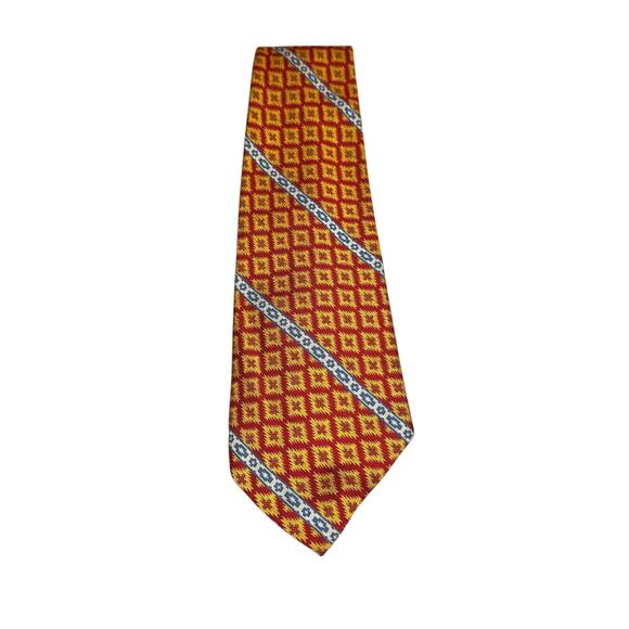 Vintage Cricket Mens Tie Yellow Red Bold Geometric Pattern Rare Asymmetrical Tip - Picture 1 of 7